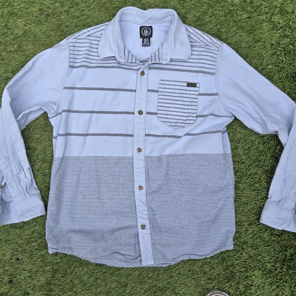 Volcom Kids Blue and Gray Striped Button Down Shirt